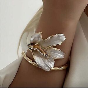 Elegant White Enamel Iris Leaf Bangle